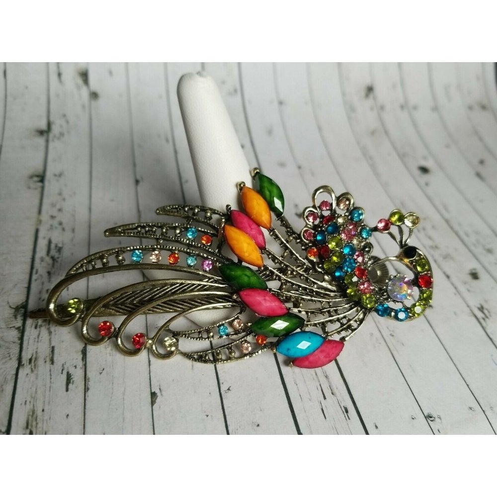 Colorful Peacock Barrette Costume Jewelry Hair Clip Rhinestone Fashion Jeweled